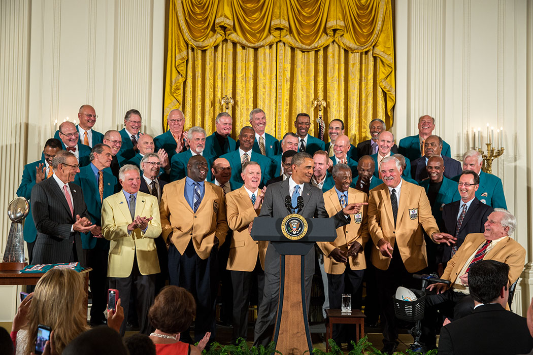 President Barack Obama delivers remarks during a ceremony honoring the 1972 Super Bowl Champion Miami Dolphins