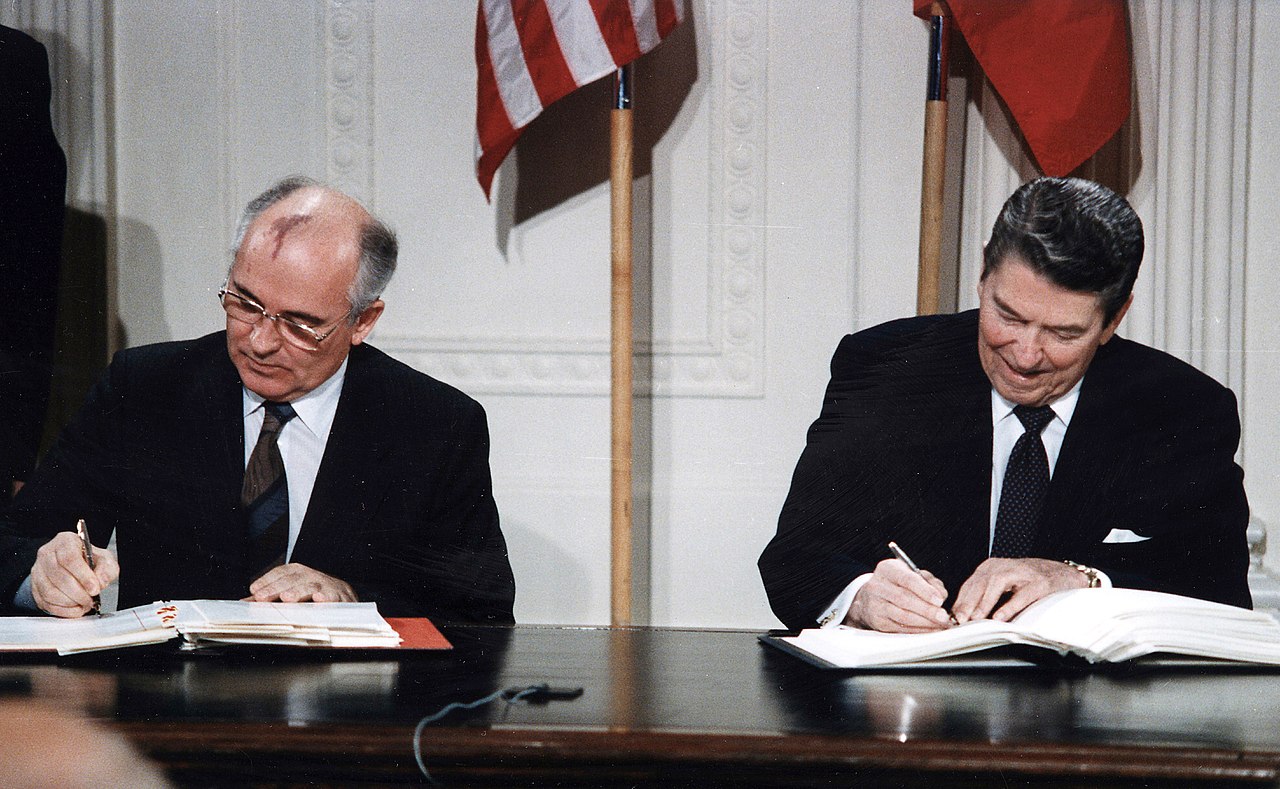 President Reagan  and Gorbachev signing the INF Treaty