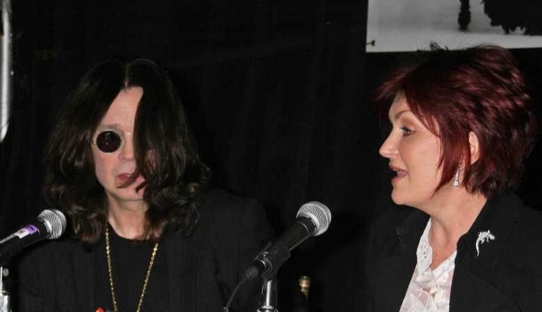 Ozzy Osbourne and Sharon Osbourne at the OZZFEST sitting next to each other with microphones in front