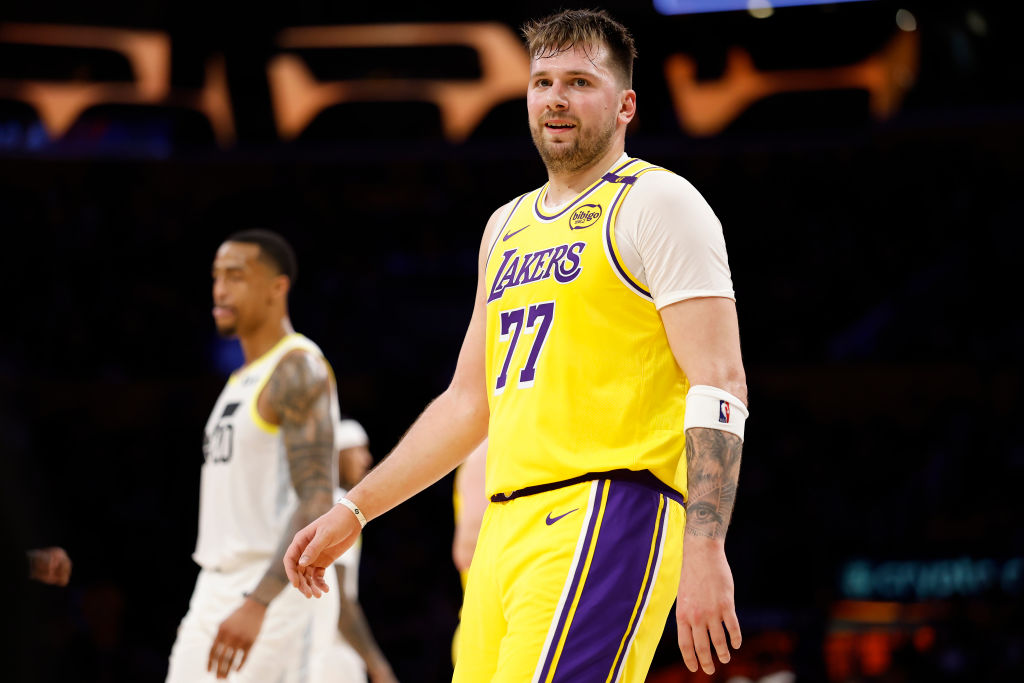 Luka Doncic #77 of the Los Angeles Lakers reacts after committing his third foul
