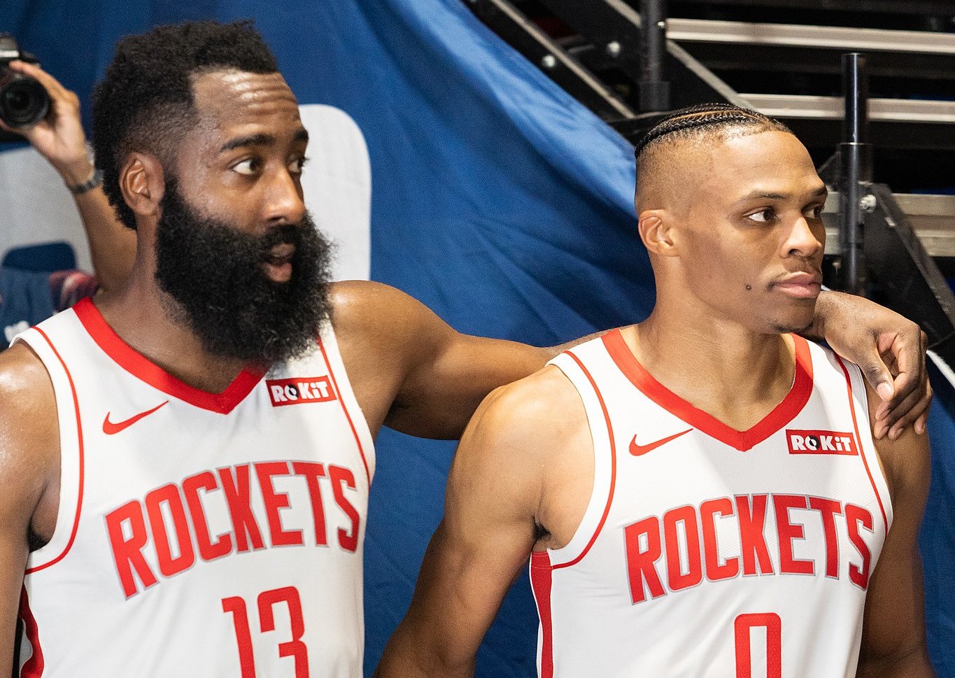 James Harden (#13) with the Houston Rockets alongside teammate Russell Westbrook before a game