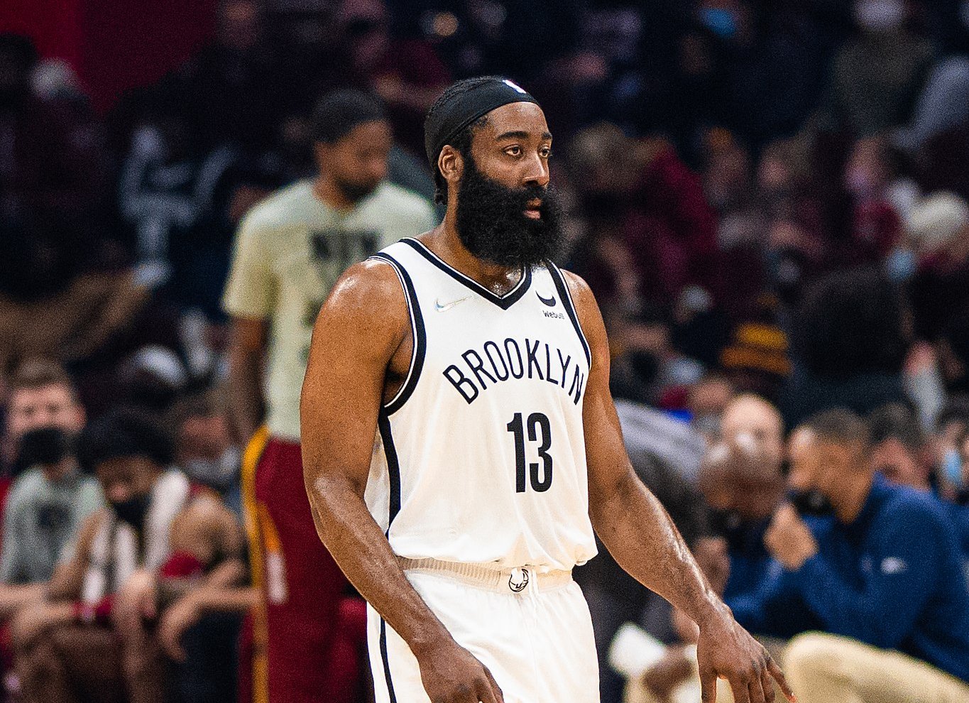 James Harden dribbling midcourt, Cleveland Cavaliers vs Brooklyn Nets
