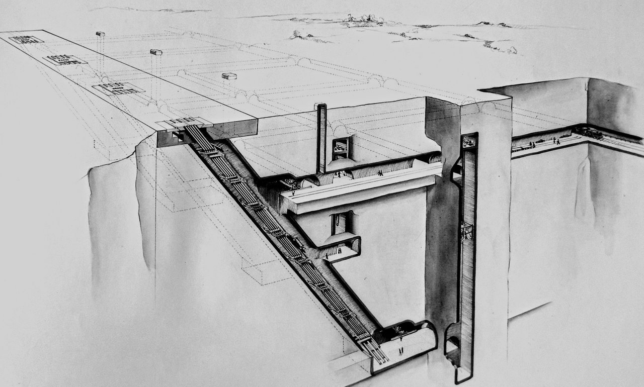 Mimoyecques eastern site. Reconstructed view of main workings