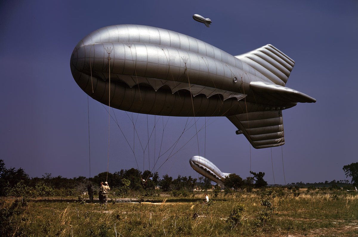 Color photograph (Kodachrome transparency) of Barrage balloon