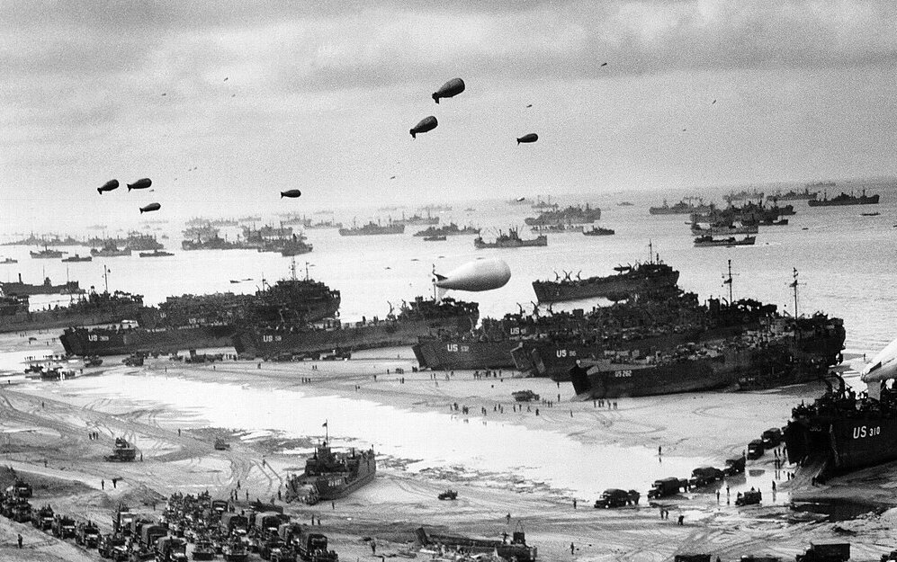 Landing ships putting cargo ashore on Omaha Beach