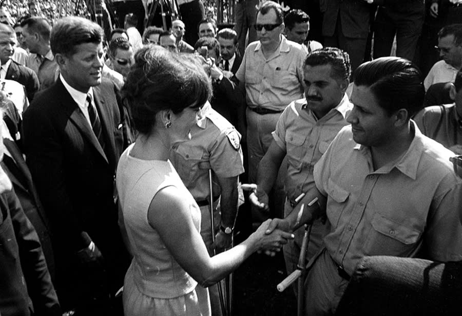 President John F. Kennedy and Jacqueline Kennedy greet members of the 2506 Cuban Invasion Brigade