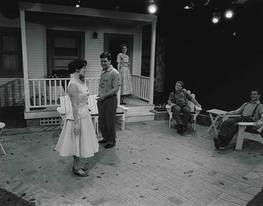 Grayscale Photo of Actors Performing All My Sons play
