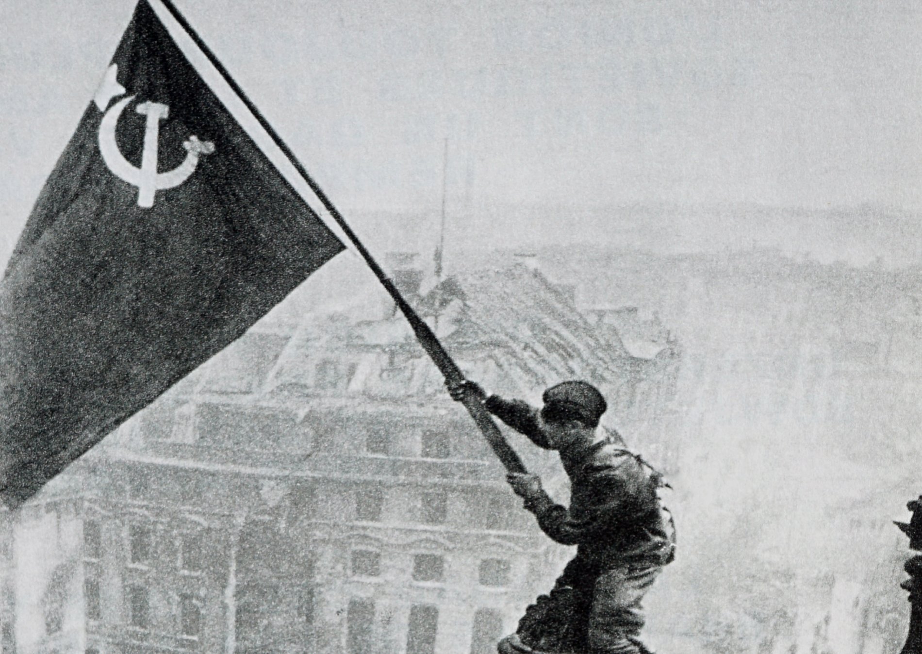 Scarlet banner of Victory hoisted over the Reichstag in Berlin