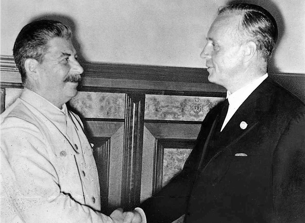 Stalin and Ribbentrop after signing the non-aggression pact