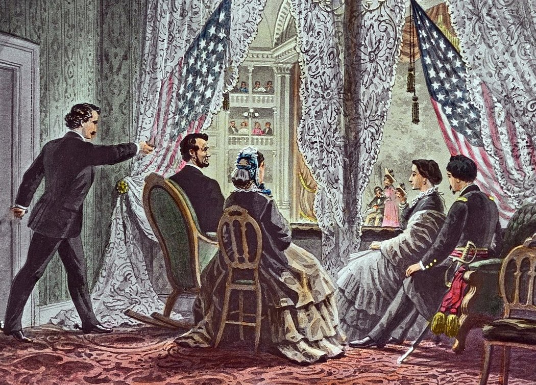 John Wilkes Booth leaning forward President Abraham Lincoln
