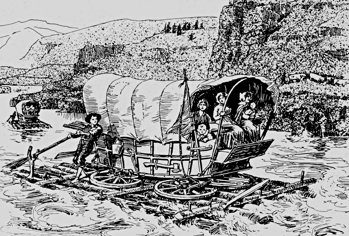A wagon lashed to a raft for the last stage of the emigration