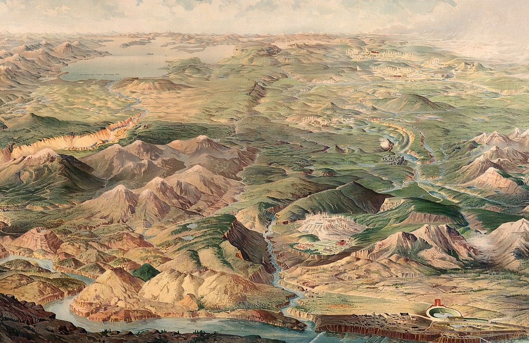 Detailed bird's-eye view of Yellowstone National Park