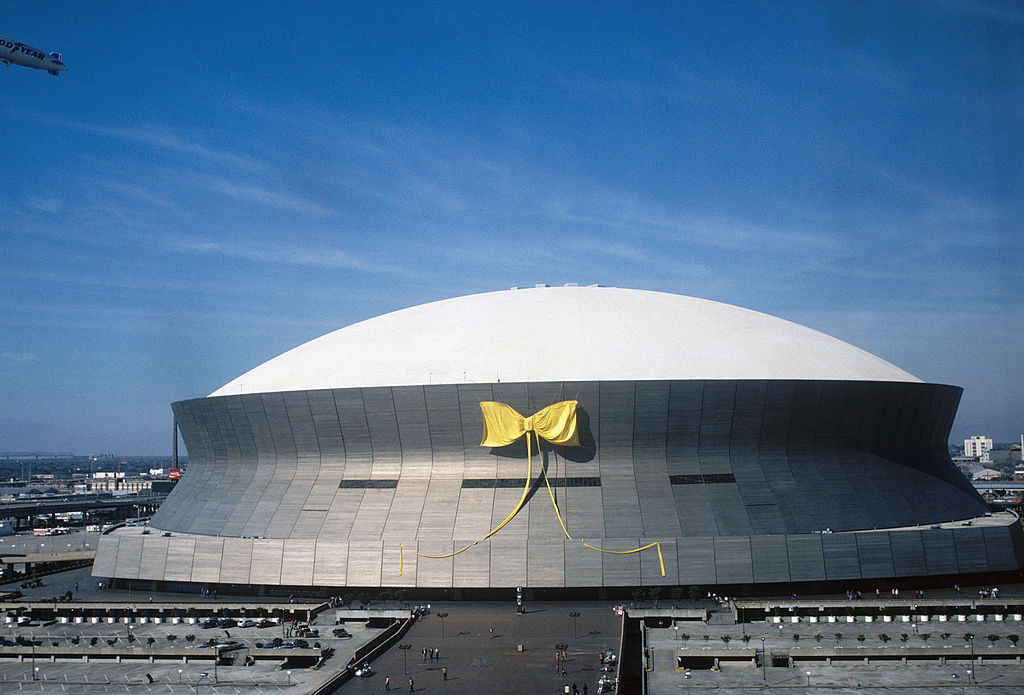 General view of a yellow ribbon is shown on the Louisiana SuperDome as tribute to hostages in Iran