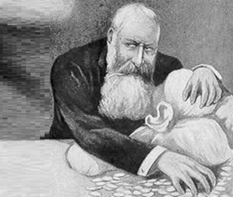 A caricature of Leopold II with his private earnings from the Congo Free State - 1905