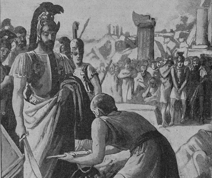 People bowing before Spartan king