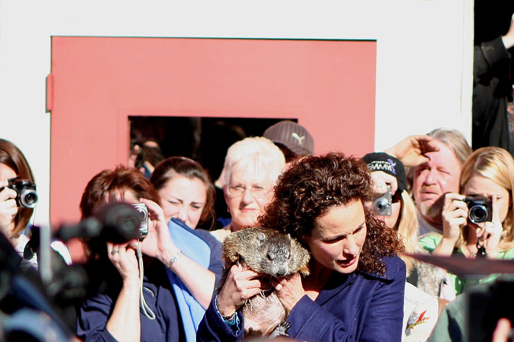 "Is that your shadow?" Andie MacDowell consults with Nibbles.