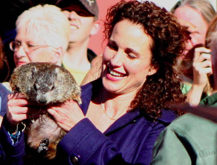 Andie MacDowell with Nibbles on a sunny Groundhog's Day