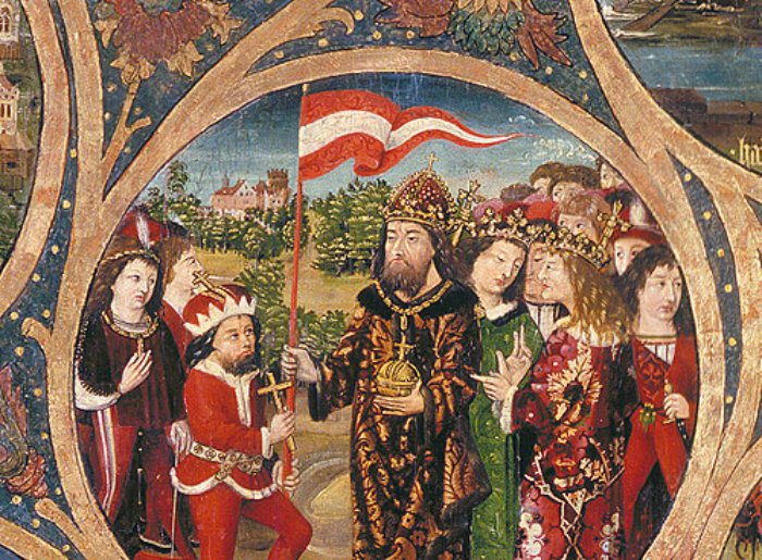 Painting of Duke Leopold V (the Virtuous), kneeling on the left