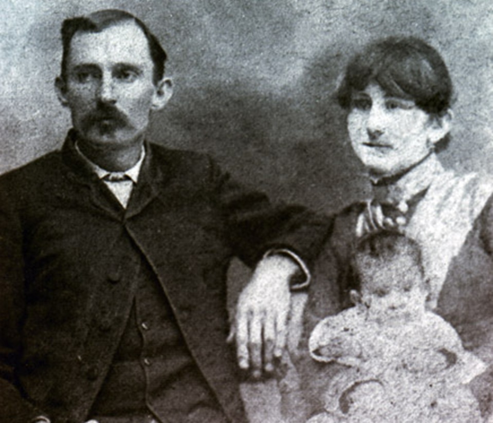 James Brown (Jim) Miller, his wife Sarah Francis “Sallie” (Clements) Miller, and child, probably son Claude C. Miller; circa 1890s