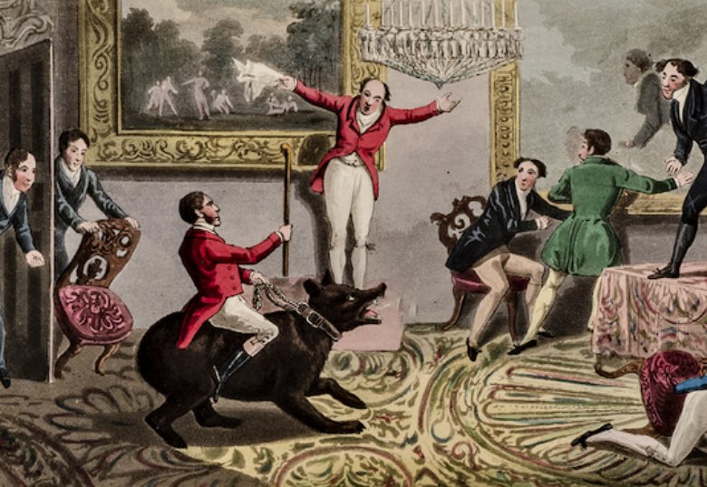 John Mytton riding his bear in the dining room