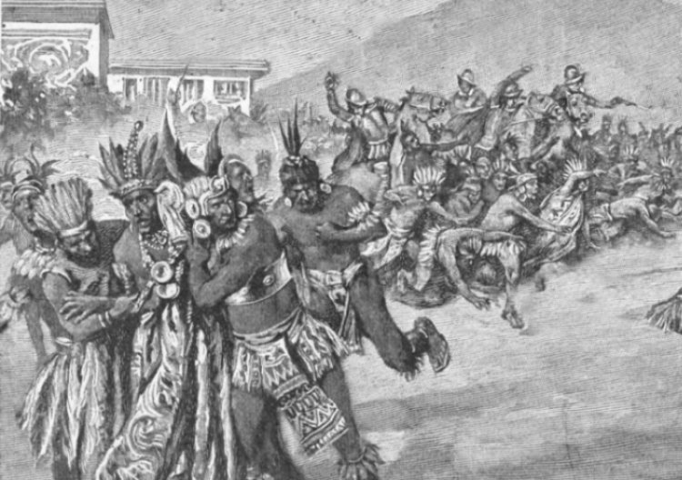 The Spanish (under Francisco Pizarro) attack the escort of Inca Atahualpa