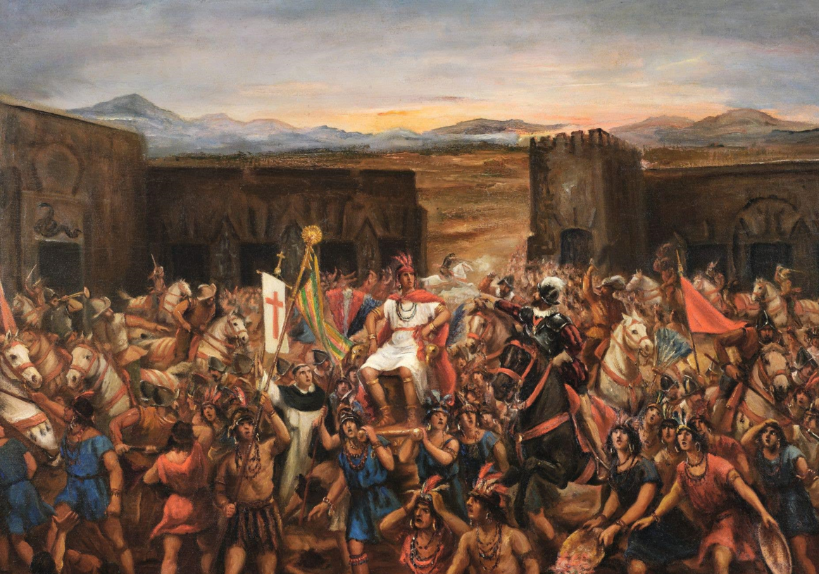 Oil painting depicts The Capture of Atahualpa in Cajamarca (Battle of Cajamarca)