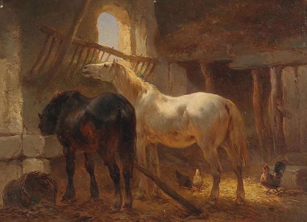  Two Horses and Chickens in a Stable