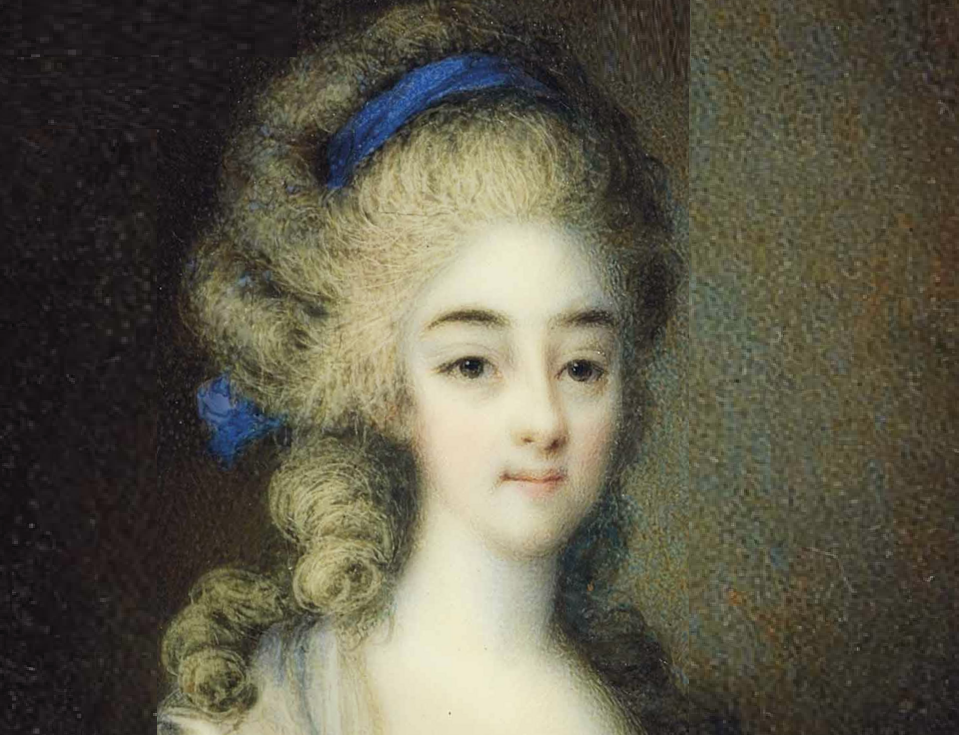 Maria Theresa of Savoy, Comtesse d'Artois, in white dress with blue bodice with white bow - 18th century