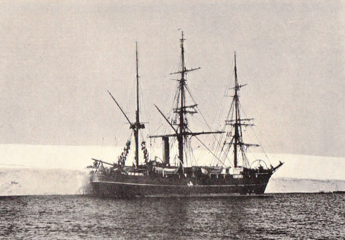 Antarctic expedition ship Discovery anchored to the ice