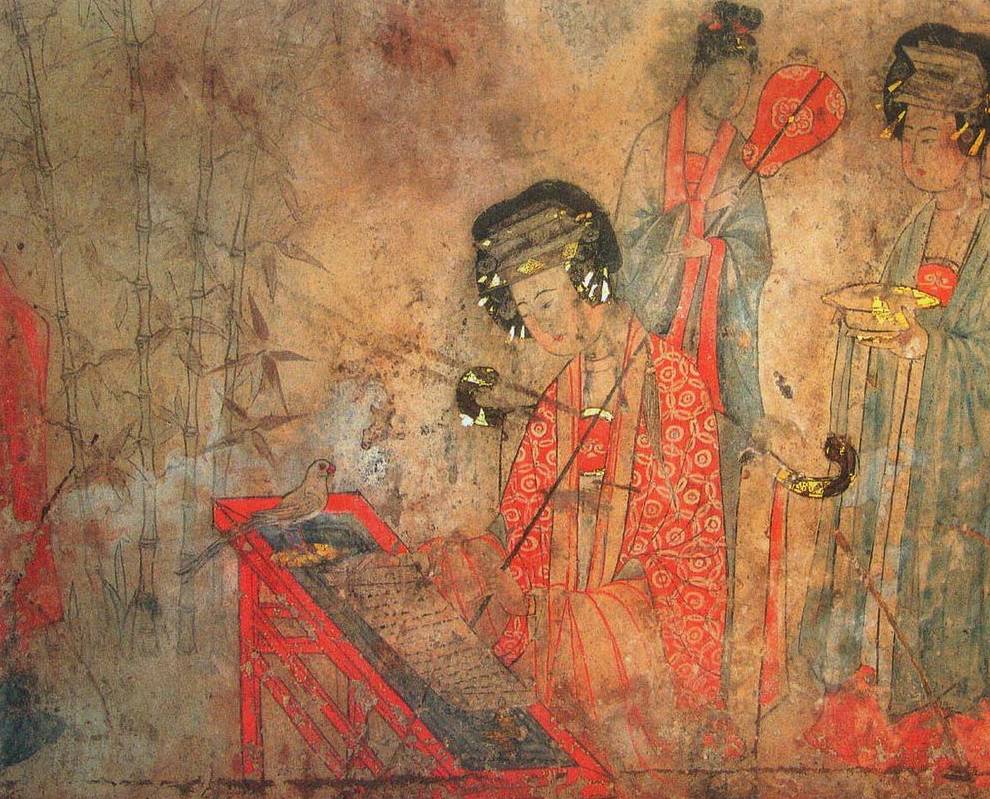 Imperial Consort Yang is teaching a parrot to chant sutras, Liao dynasty (907–1125).