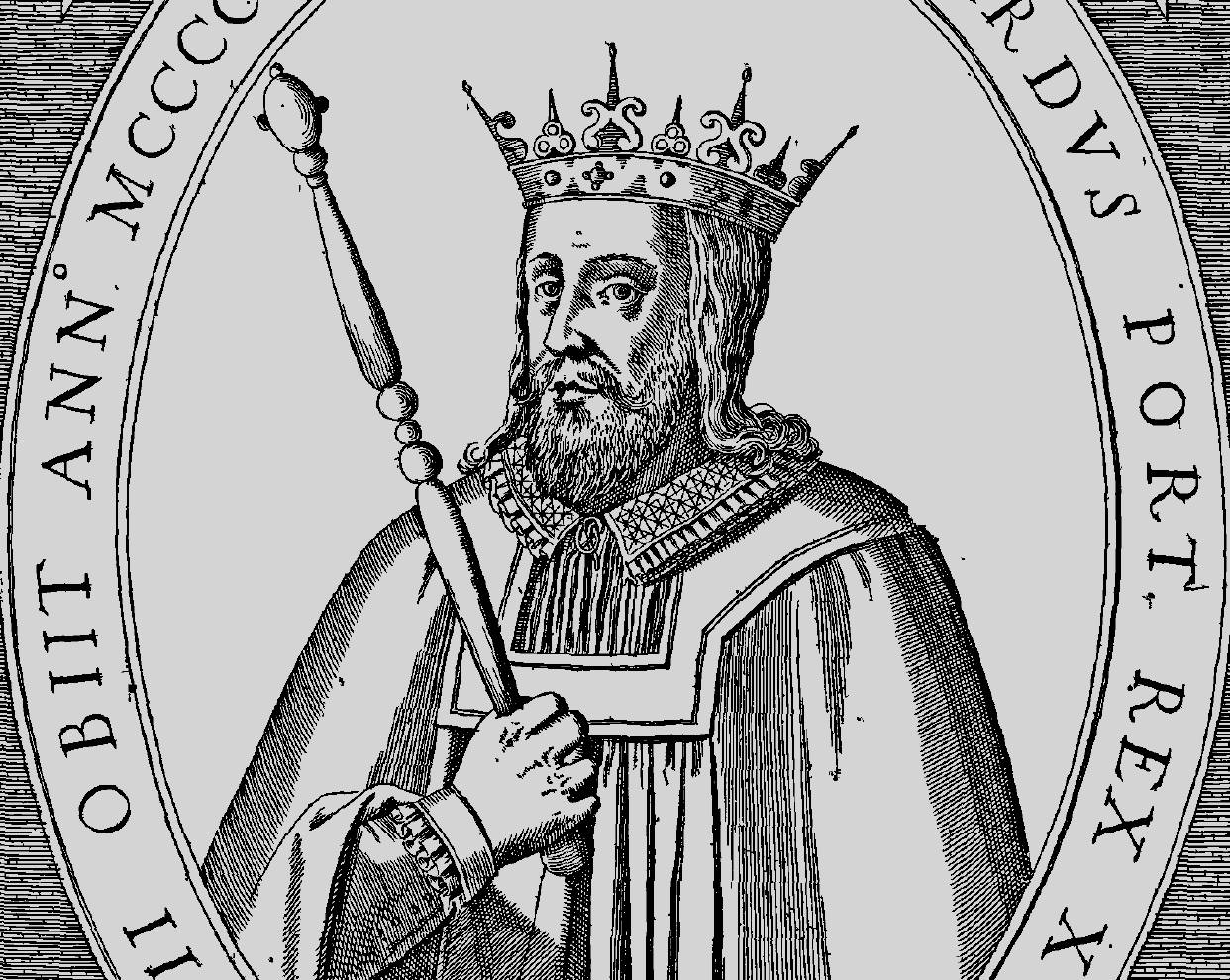 Edward I, King of Portugal engraving in royal outfit