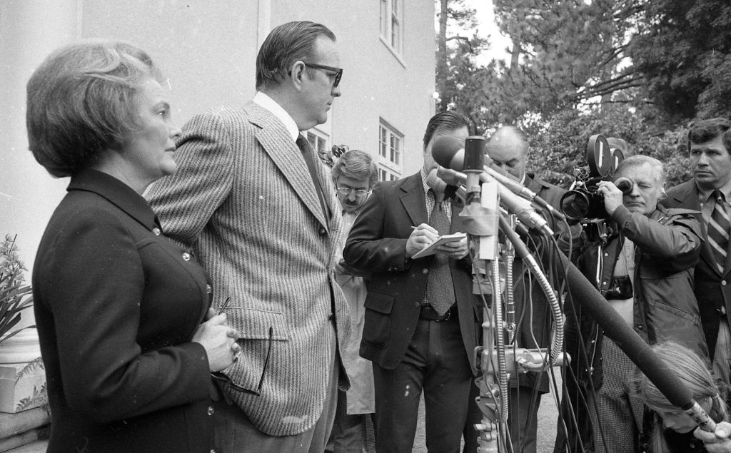 Randolph Hearst and wife Catherine Hearst hold a press conference