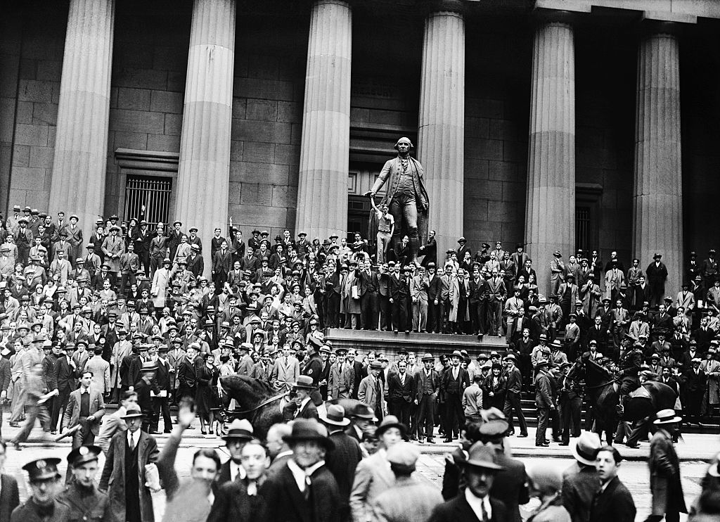 Photograph shows the street scene on Black Thursday, the day the New York stock market crashed, and the day that led to the Great Depression.