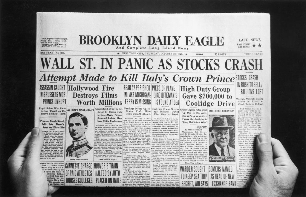 The front page of the Brooklyn Daily Eagle newspaper with the headline 'Wall St. In Panic As Stocks Crash', published on the day of the initial Wall Street Crash of 'Black Thursday', 24th October 192