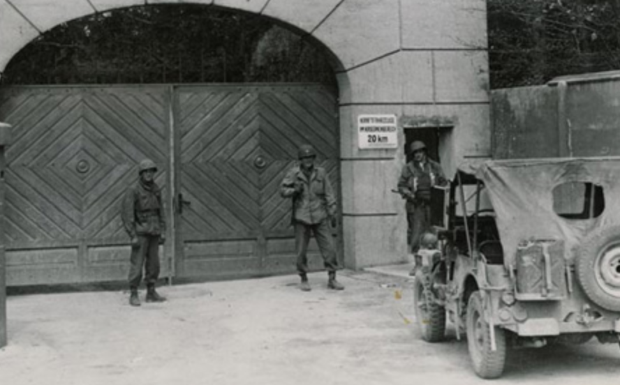 Gates at the main entrance to Dachau concentration camp, 1945
