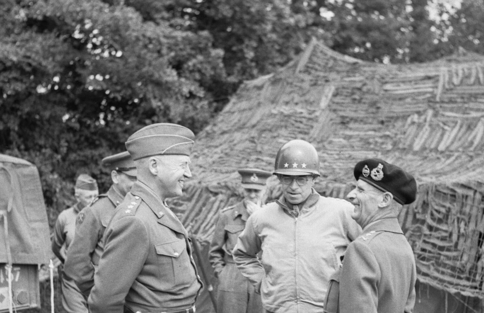 Bradley (center) with Patton (left) and Montgomery (right) at Montgomery's 21st Army Group HQ, Normandy