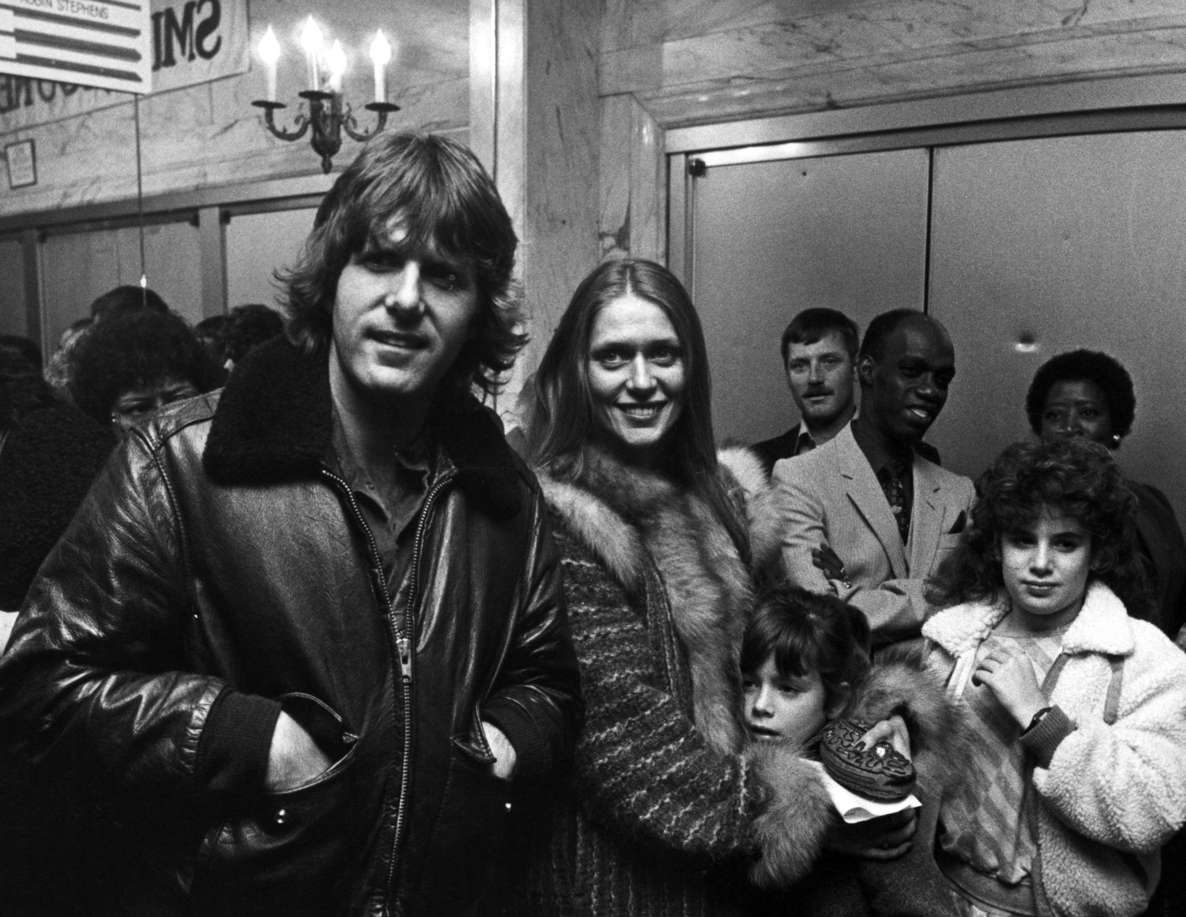 View of, from left, married couple, English Rock musician Keith Emerson (1944 - 2016) and Elinor Lund