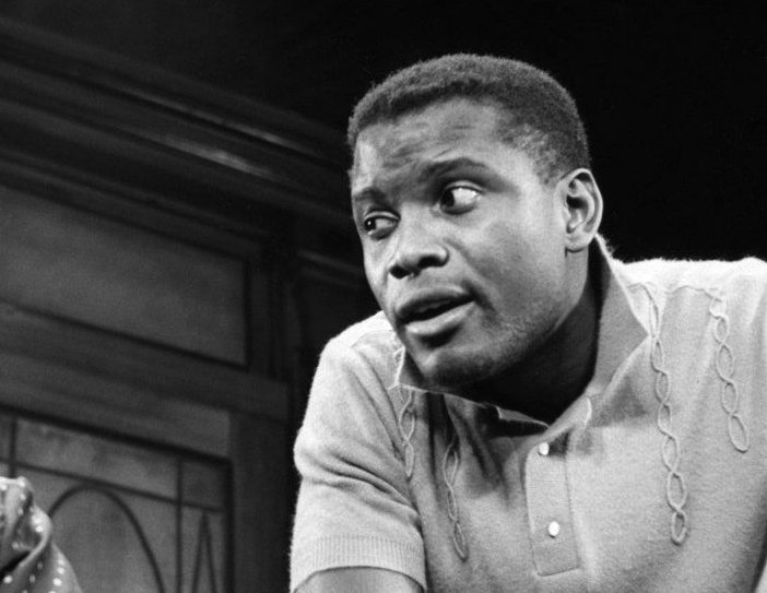 Photo of a scene from the play A Raisin in the Sun, Sidney Poitier as Walter Younger