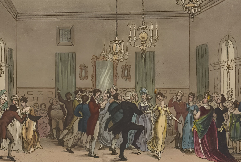 A grand ballroom scene with elegantly dressed figures