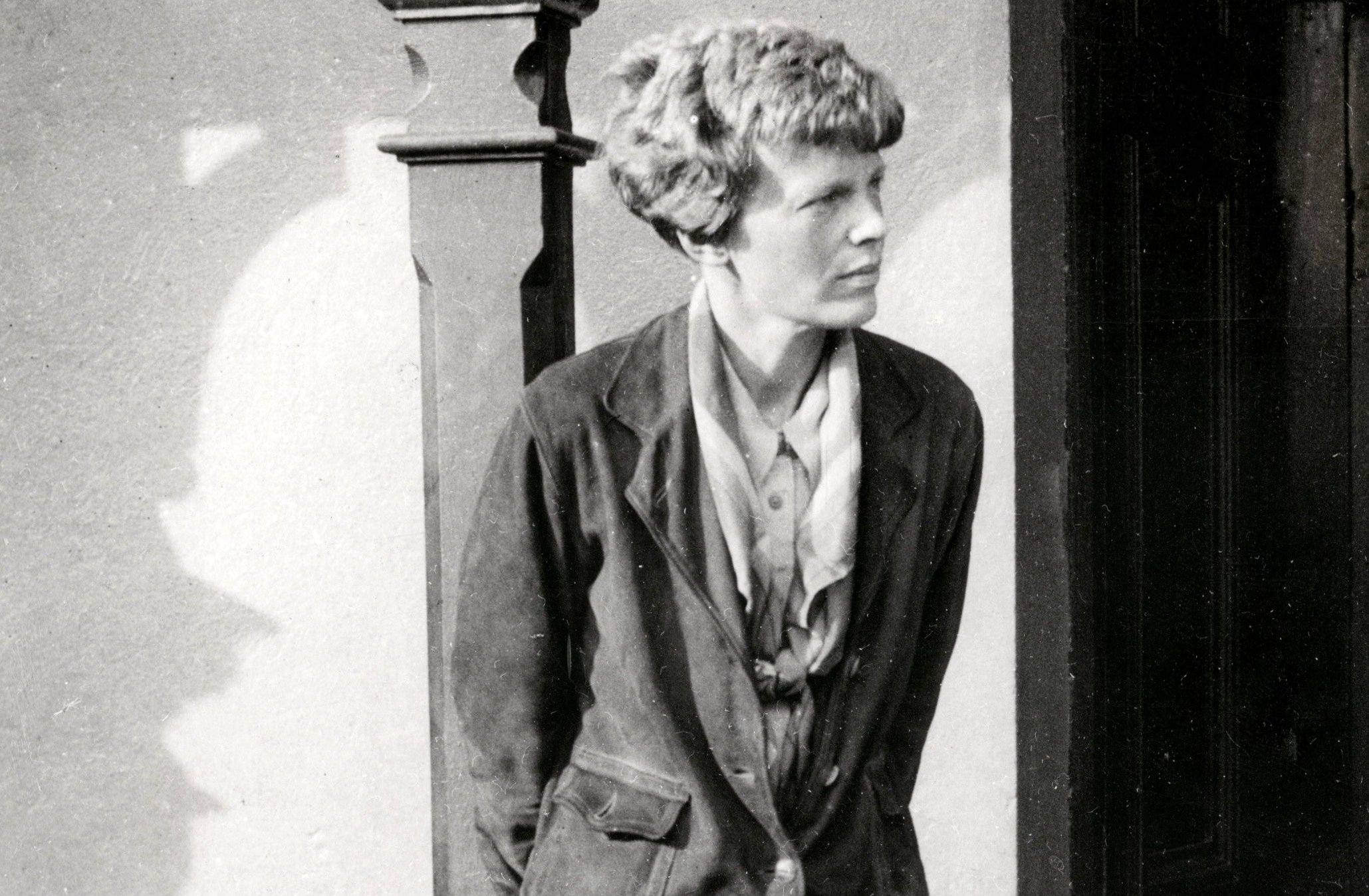 American pilot/aviator Amelia Earhart looking away from the camera