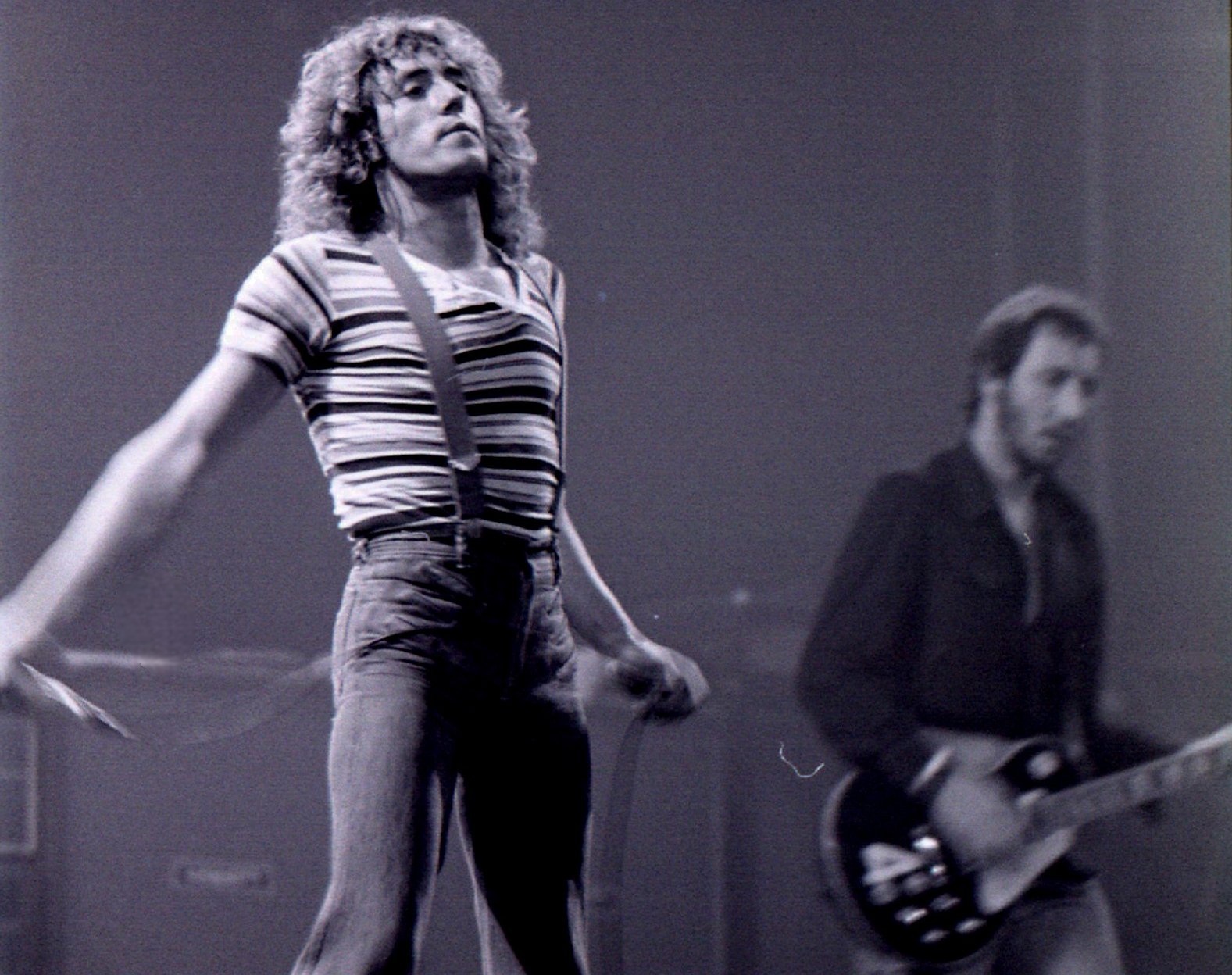 Grayscale Portrait Photo of English musicians Roger Daltrey and Pete Townshend