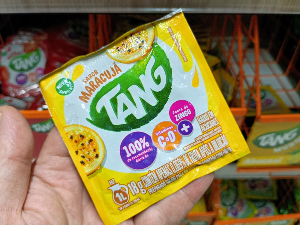 Tang passion fruit juice powder flavored instant drink mix, for sale in Brazilian supermarkets.