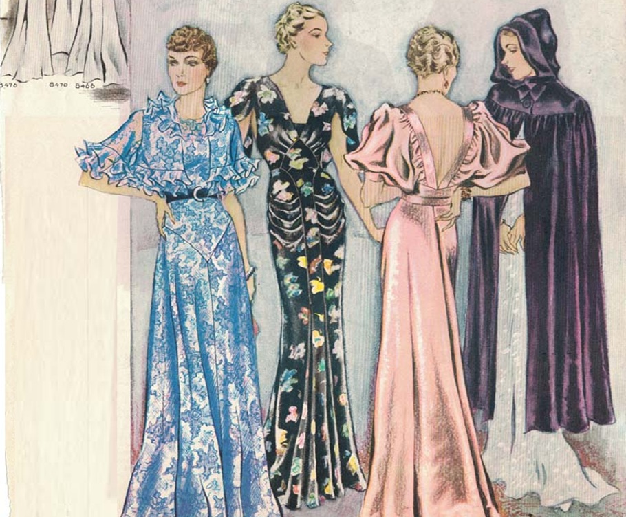 Fashion illustration of bias cut evening dresses