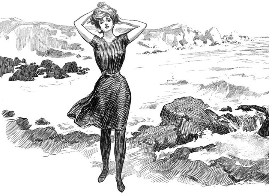 Gibson Girl on a beach, Charles Dana Gibson, 1902.