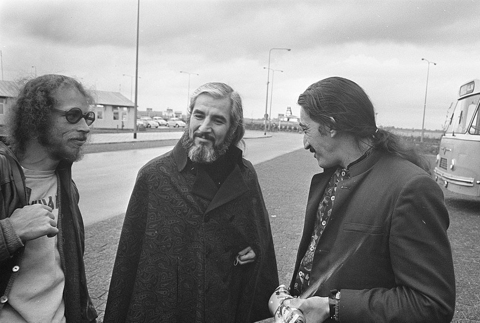 The Mothers of Invention at Schiphol, October 1968. Left to right: Don Preston, Bunk Gardner, Jimmy Carl Black.