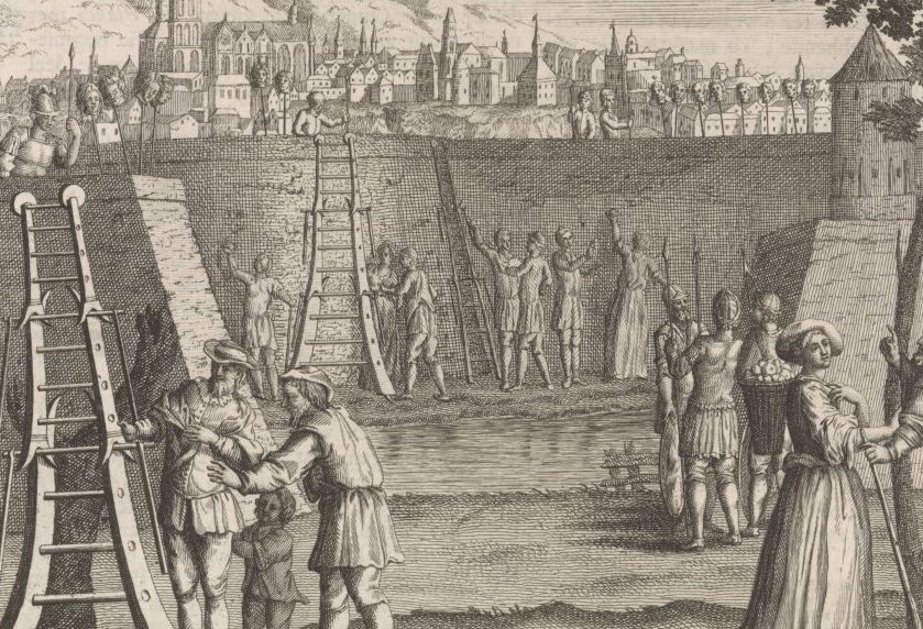 Civilians and soldiers stand outside the walls of a city and erect ladders