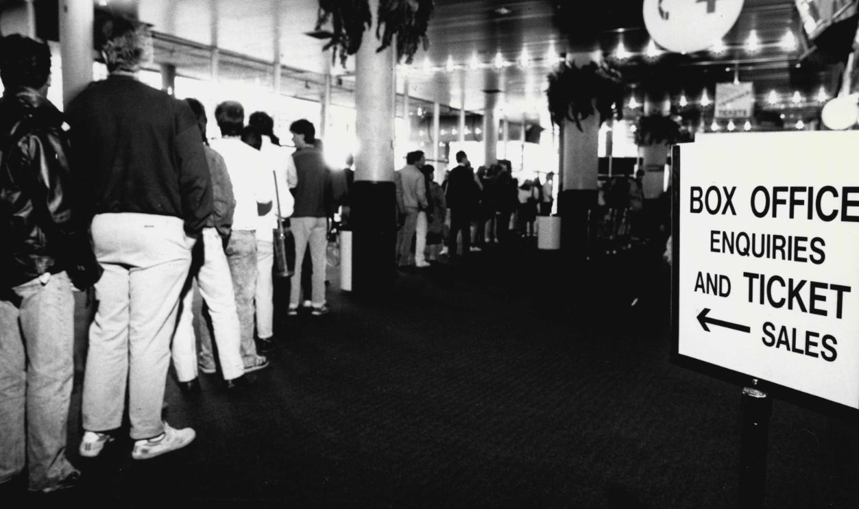 People lining up to buy 'sting' concert tickets for story on rock groups touring