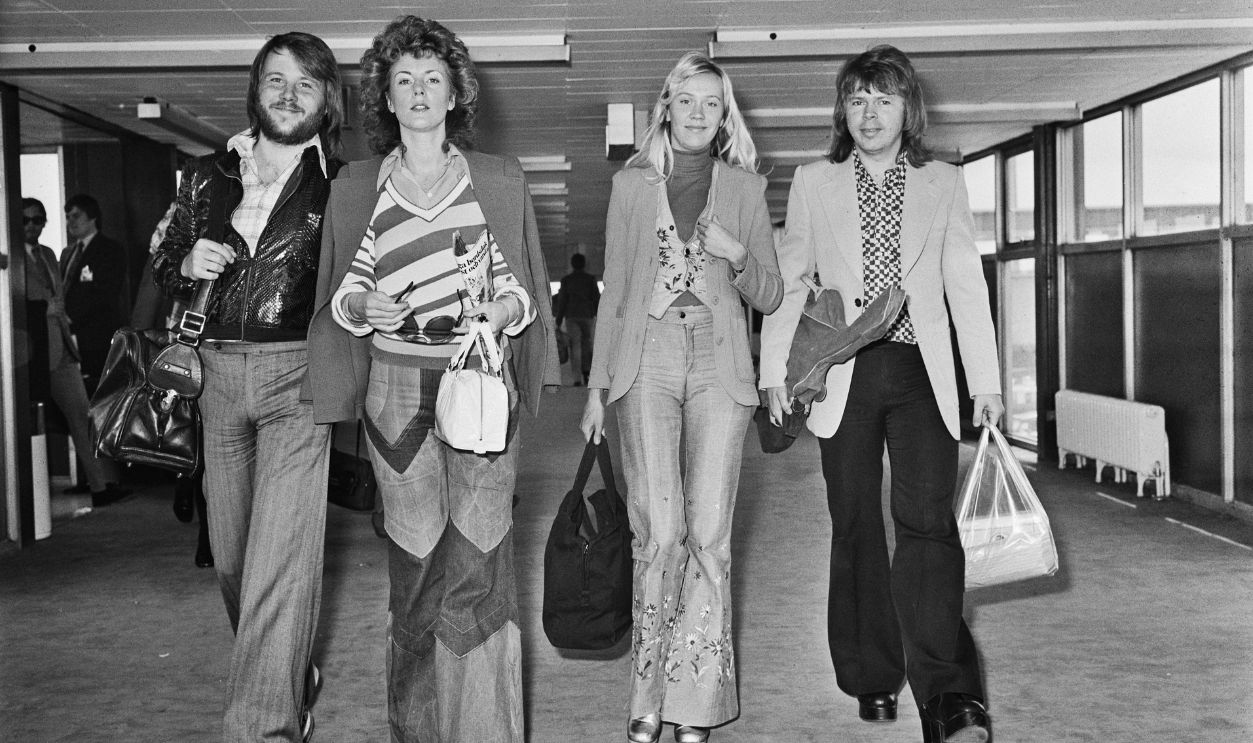  ABBA Come Home Swedish pop group ABBA at Heathrow Airport in London after winning the 1974 Eurovision Song Contest in Brighton with the song 'Waterloo', UK, 2nd May 1974. From left to right, they are Benny Andersson, Anni-Frid Lyngstad, Agnetha Faltskog and Bjorn Ulvaeus.