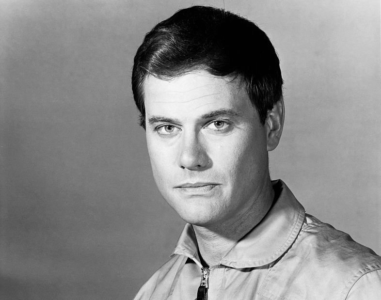 Grayscale Portrait Photo of  American film and television actor Larry Hagman
