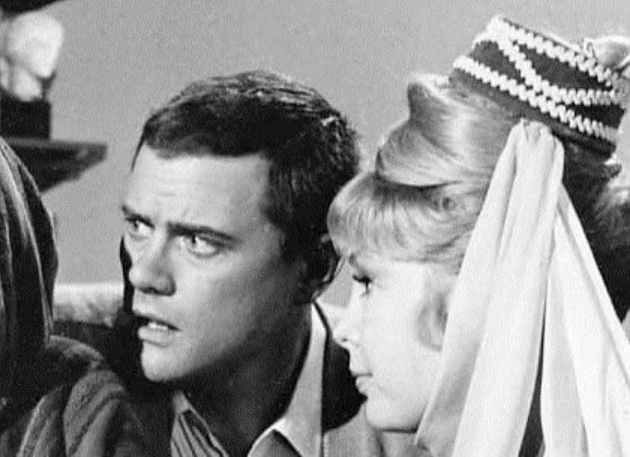 Larry Hagman and Barbara Eden from the television program I Dream of Jeannie.